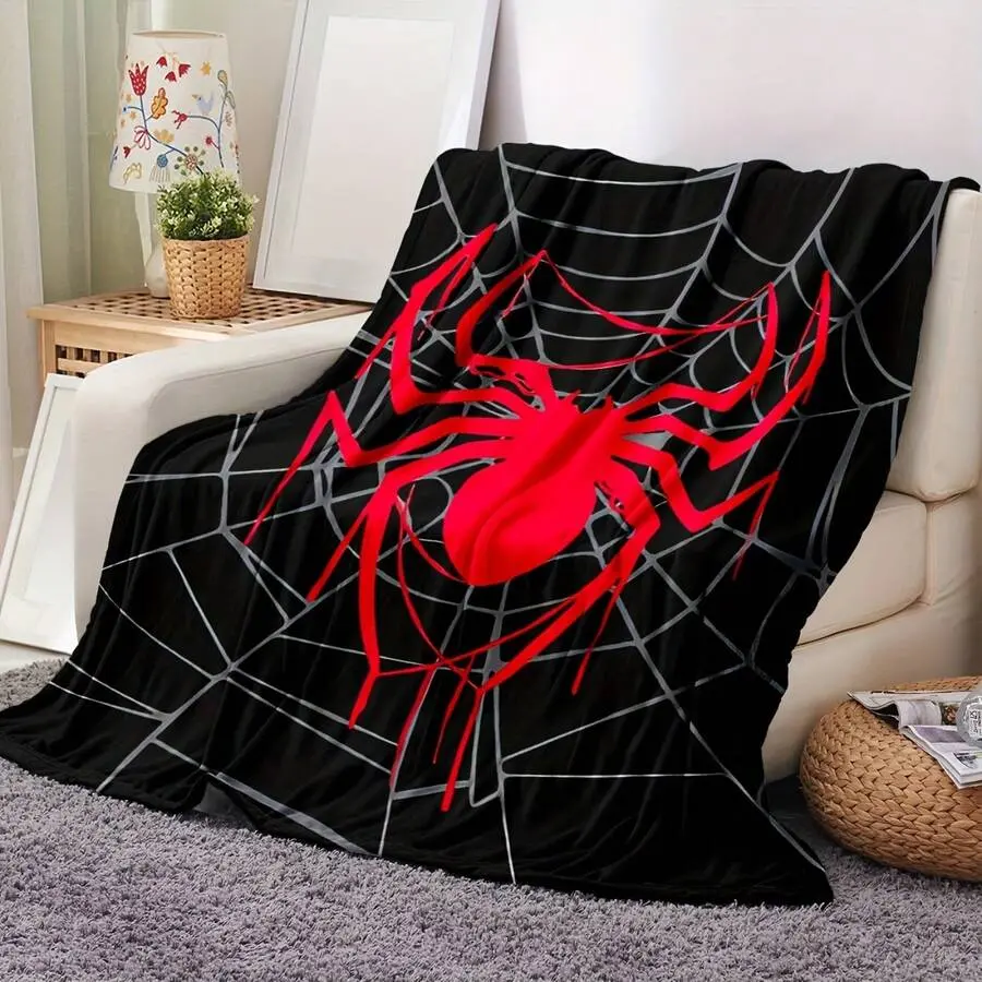 Spider-themed flannel blanket soft and warm,suitable for all seasons,featuring a striking red and black spider web design,modern style,suitable for sofas,beds,and camping  perfect Halloween gift,Halloween blanket, home decor accessory birthday celebration