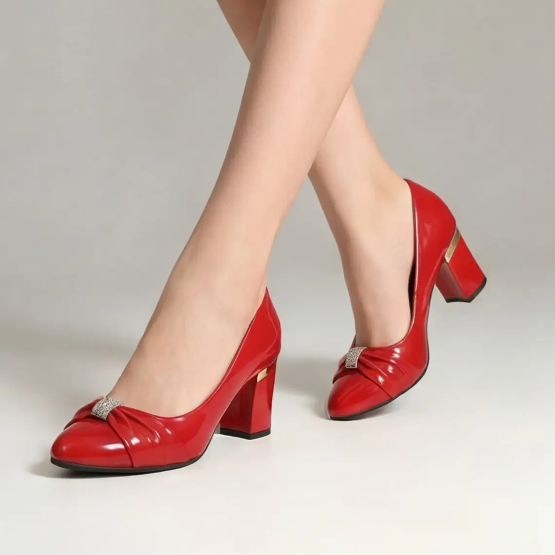 Women's Classic Patent Leather Pumps, Elegant High Heel Shoe with a Stable Block Heel and Rhinestone Bow Accents, Footwear, Fashion, Heeled, Glossy, Formal, Round Toe