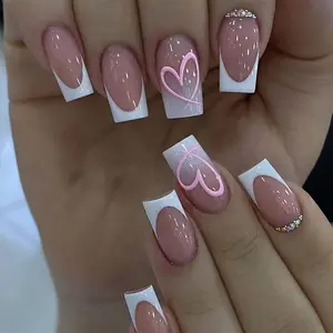24 pcs of long square press on nails gift box Pink hand-painted love Cherry pink Milky gradient flash diamond delicate small steel ball Classic white French border, party essential fake nails with jelly glue & rub, Nails Press Ons