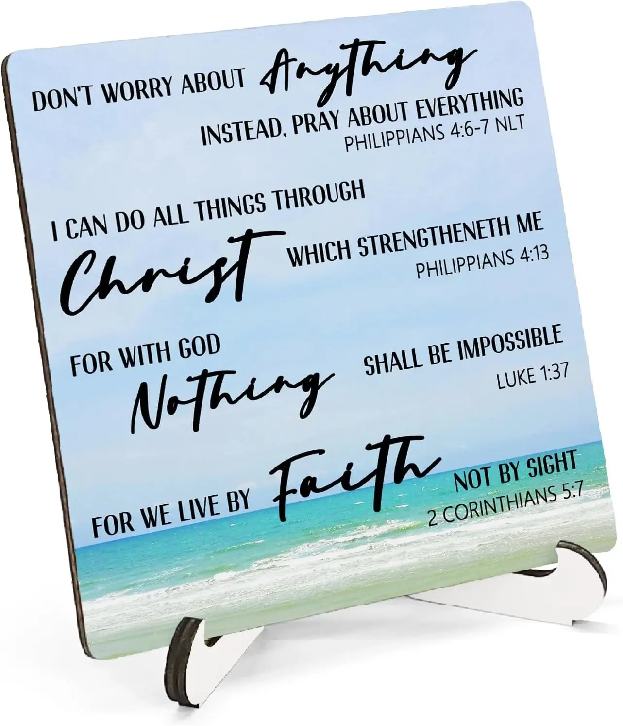Beach Christian Bible Verse Wooden Sign Desk Decor, Christian Faith Based Gifts Wood Plaque Sign With Stand for Beach Lake House Home Office Desk Table Shelf Decoration, 5x5 Inch