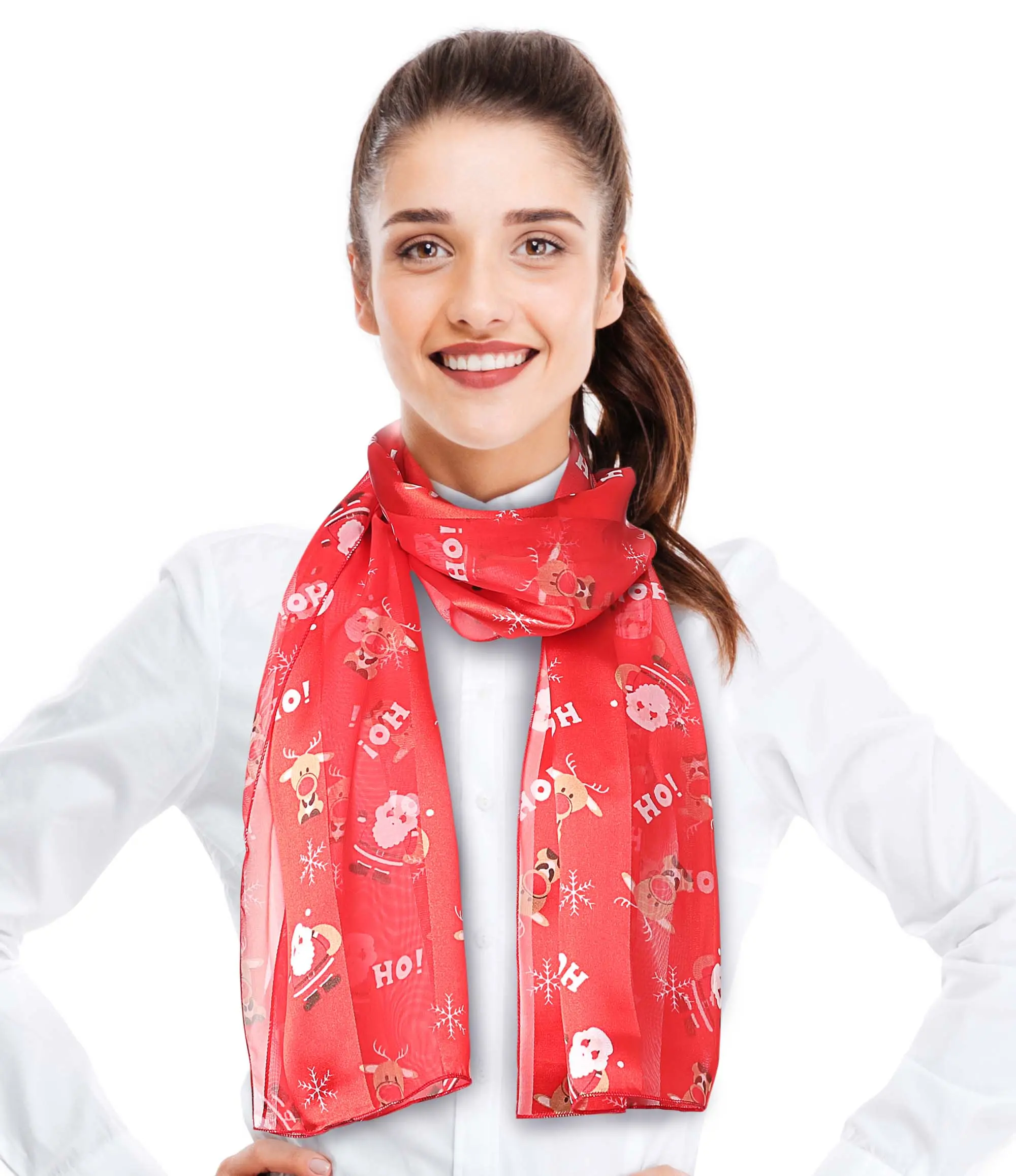 CBC Crown Women's Lightweight Basic Female Christmas Scarf - Red, 13x60in Silk-Feel Polyester Fabric, Santa Print, Comfortable, Hand Wash, Fashion Accessory