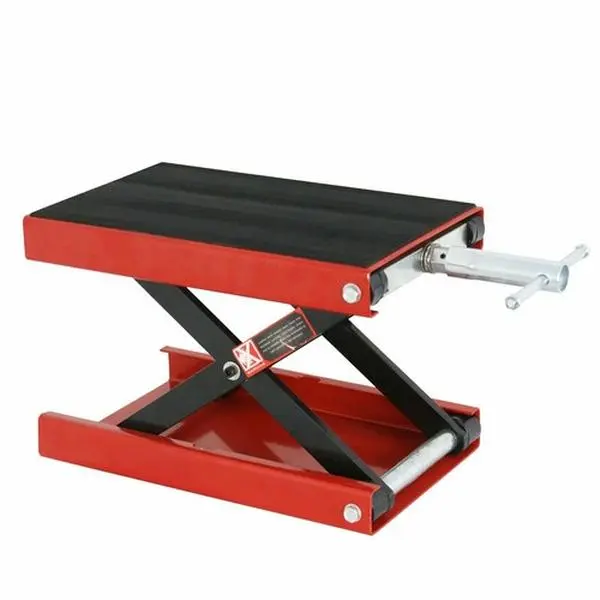 Segawe Solid Steel Mini Scissor Lift Jack (1100 LB Capacity, Red Powder Coated) with Platform, Stable Rubber Mat, Adapters, Crank Handle, Variable Screws for Garage Motorcycles, ATVs (Dimensions in in/cm)