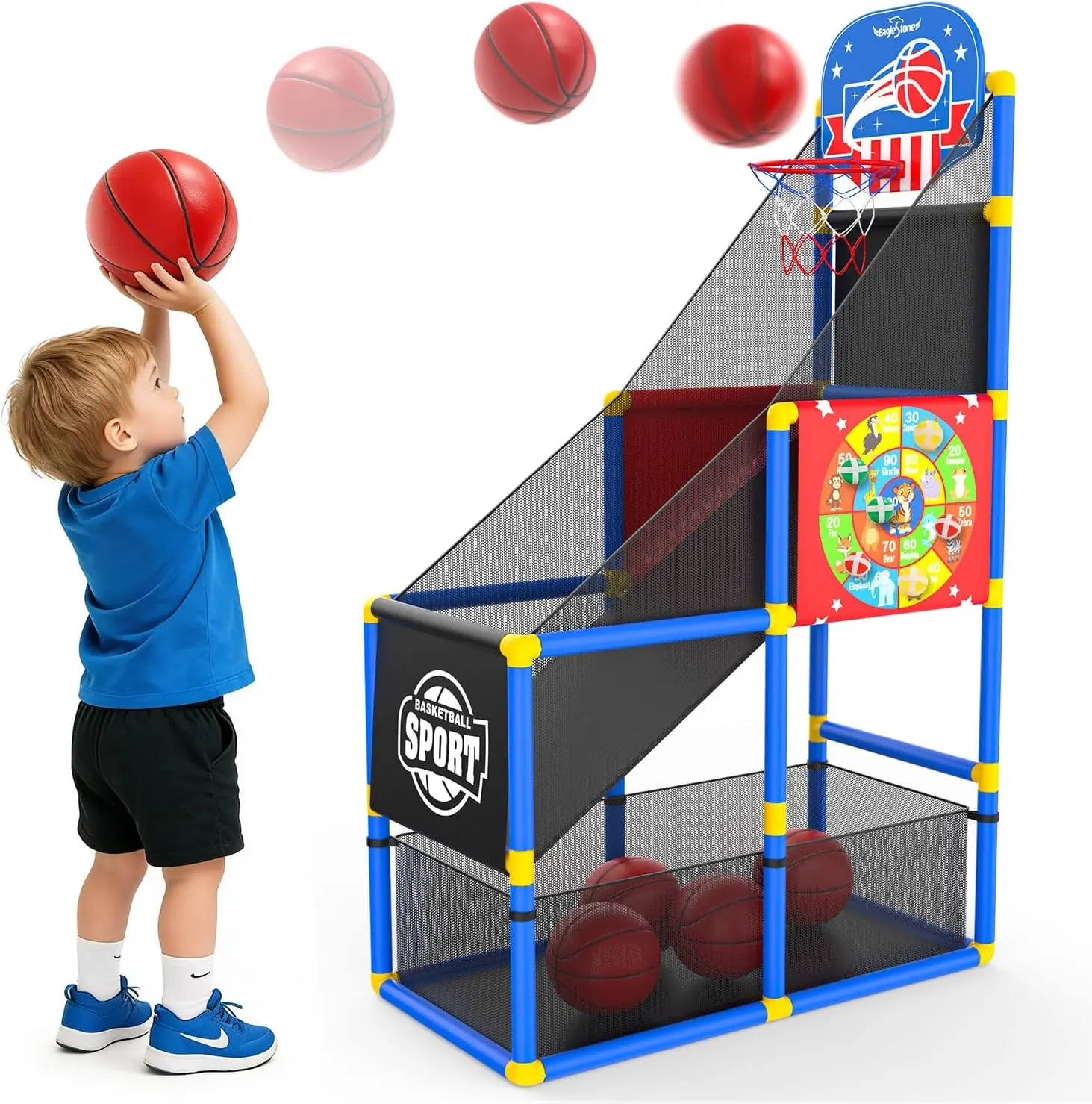 EagleStone 2-in-1 Kids Arcade Basketball Hoop & Sticky Dart Board Kids Toy, 4 Balls, Adjustable Height, Dual Storage Nets, Quick Ball Return, Pump, PVC-Free Indoor/Outdoor Play, Boy Gifts for 3-6 Year Olds (Hand-Eye Coordination Training), Kids Toys