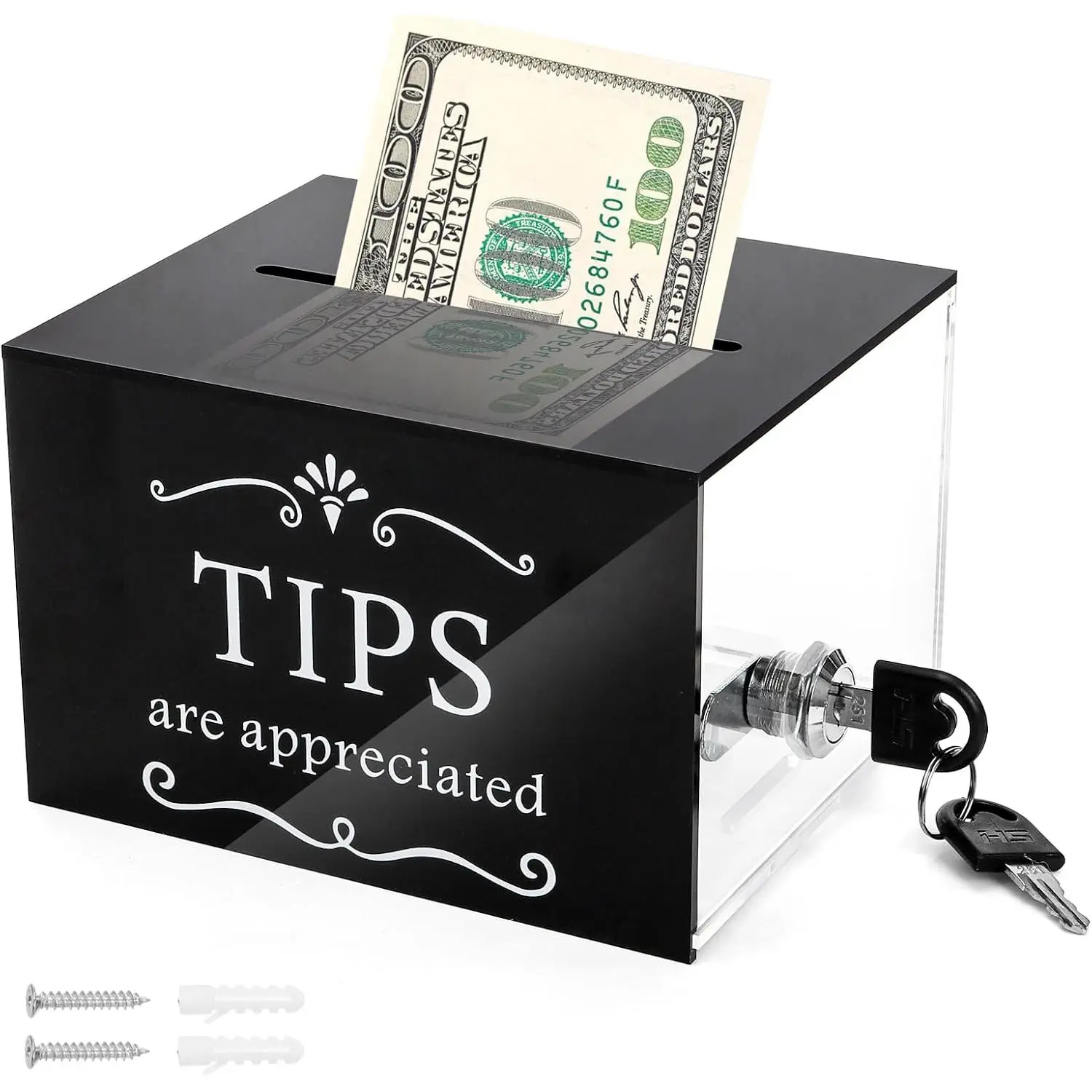 Tip Jar for , 6 x 4 x 5 Inch  Tip Collection Box with Lock, Wall-Mounted Donation Suggestion Box, Raffle   Storage Container for Bartender Bar Restaurant Musicians Driver