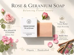 The Organic Cottage Rose and Geranium Soap Bar Handcrafted Moisturizing & Deodorizing 4 Oz Bar Soap