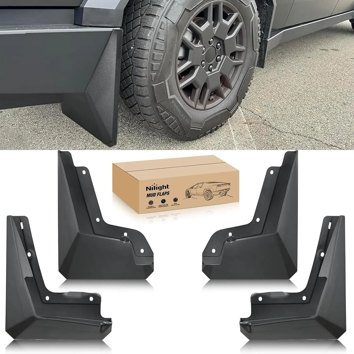 Nilight Sleek Modern Mud Flaps & Splash Guards for Tesla Cybertruck 2023-2025, Laser-Scanned Perfect Fit Clip-On No-Drill Heavy-Duty Front & Rear Set, Cost-Effective Protection Polypropylene Accessories with 24/7 Customer Support