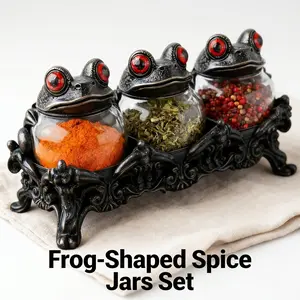 Whimsical Frog Spice Jar Set of 3 with Matching Display Base – Vintage Apothecary Glass Storage Containers with Frog Lids for Kitchen Organization, Salt, Pepper, Herbs & Tea, Cottagecore Home Decor Gift