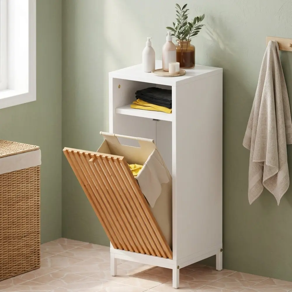 Littleox Space Saving Bathroom Side Cabinet with Bamboo Front, Tilt Out Hidden Laundry Hamper, Conceal Dirty Clothes Eco-Friendly Storage Cabinet for Tiny Bathrooms