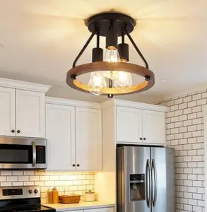Modern Farmhouse Wood Semi Flush Ceiling Light 3 Lights Rustic Industrial Pendant Light Multi Functional Lighting Fixture Suitable For Hallway Entryway Kitchen Bedroom Dining Room Laundry Room Can Be Used As Eclipse Light Night Light And Wall Light,N,par,