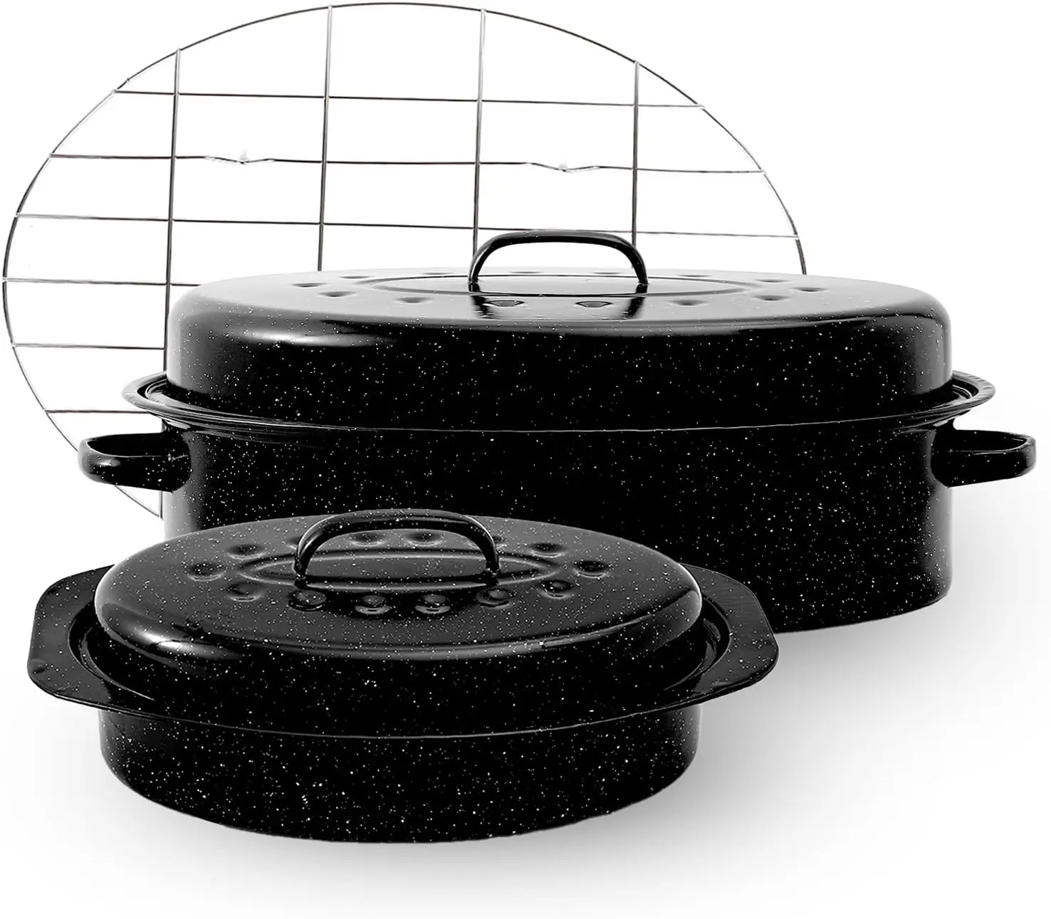 Granite Enamel Roasting Pan Set with Lid, Rack (13in, 18in) – Oven-Safe Bakeware for Poultry, Turkey, High-Temperature Resistant, Dishwasher-Safe Home Supplies Holiday Gift