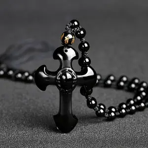 Obsidian Cross Pendant Necklace For Men Women Black Protection Amulet Unisex Gift For Him Her