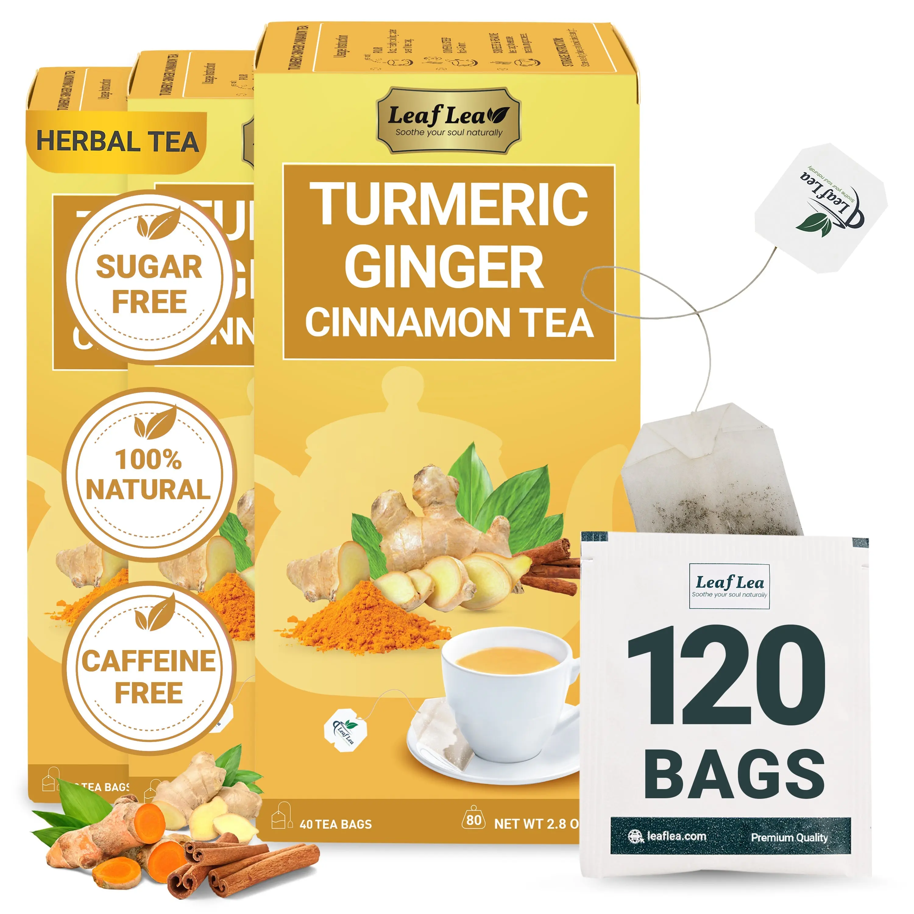 LeafLea Turmeric Ginger Cinnamon Tea Bags, 100% Natural & Pure Ginger Turmeric Tea Bags, Tumeric Ginger Herbal Tea Blend for Digestion & Immune Support, Caffeine-Free, No Sugar, Vegan, 120 Tea Bags