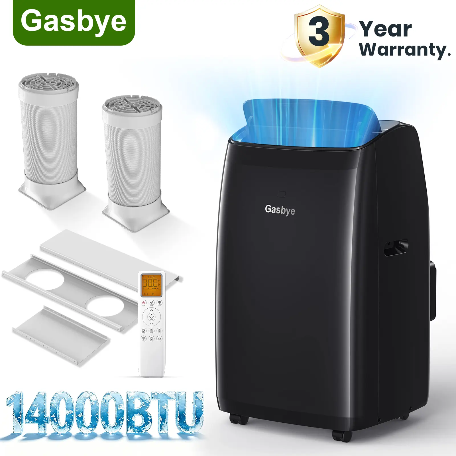 [3 Year Warranty] Gasbye 14000 BTU Portable Air Conditioner Cools up to 500 Sq.Ft., Smart Dual Hose Portable AC Unit with Backlit Remote Control, 13.6 CEER Energy-Saving, 45dB Low Noise, AC Unit Window Kit