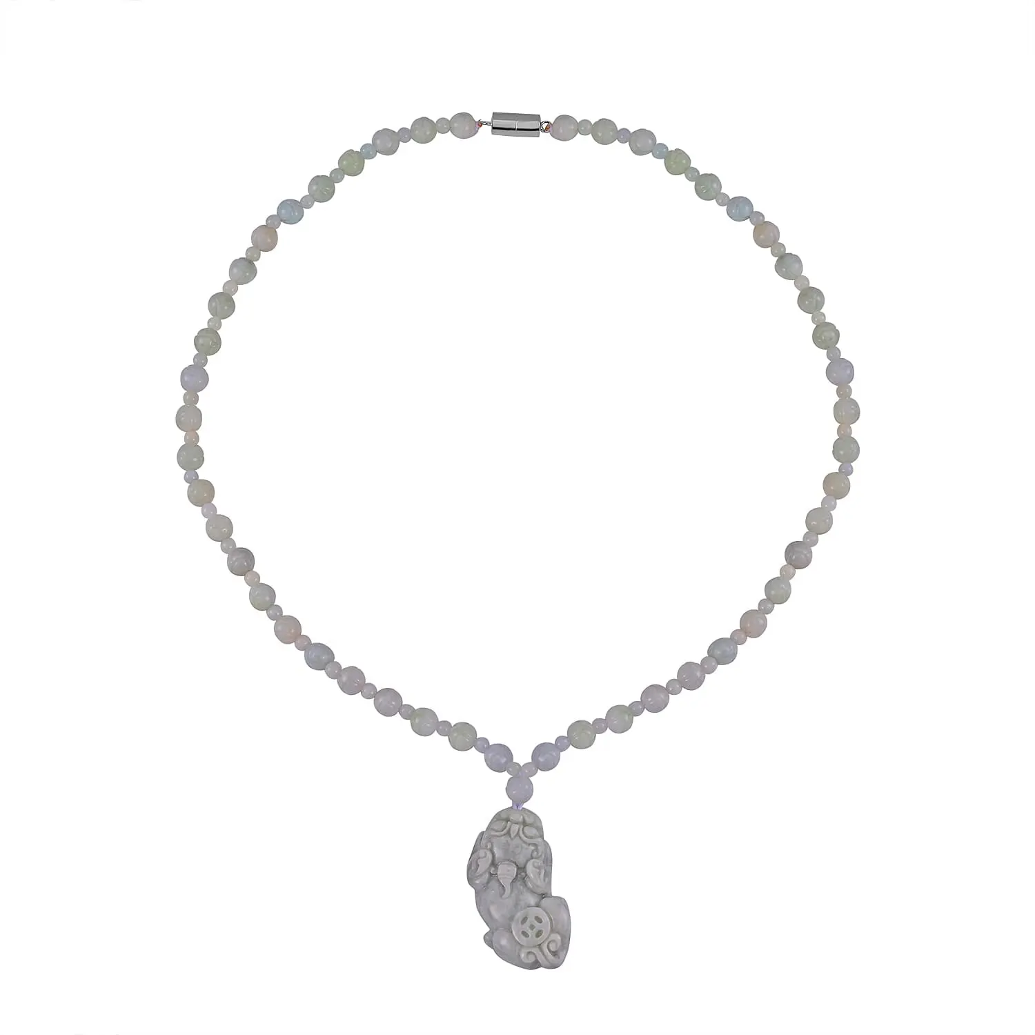 D'Joy Natural Jade Carved Pixiu with Beaded Necklace (20 Inches) in Rhodium Over Sterling Silver 180.00 ctw