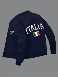 Men's Autumn Winter Casual Letter Print Stand Collar Long Sleeve Jacket, Business Style Outdoor Sports Coat, Zipper Closure Design