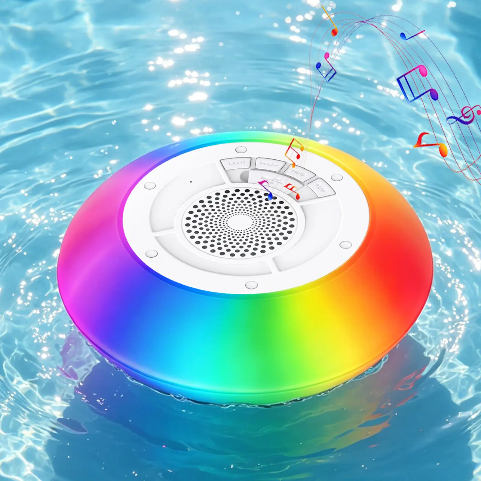 Floating Pool Speaker with Colorful Lights, IP68 Waterproof, Wireless Bluetooth, Built-in Mic, Surround Sound, for Outdoor Use and Hot Tubs