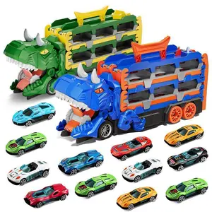 Foldable Transforming Dinosaur Truck Toy Set - 12 Die-Cast Metal Vehicles, Glide-Forward Function, Car Track, Transport Carrier, High-Quality Design, Ideal Birthday/Christmas Gift for 6-8 Year-Olds