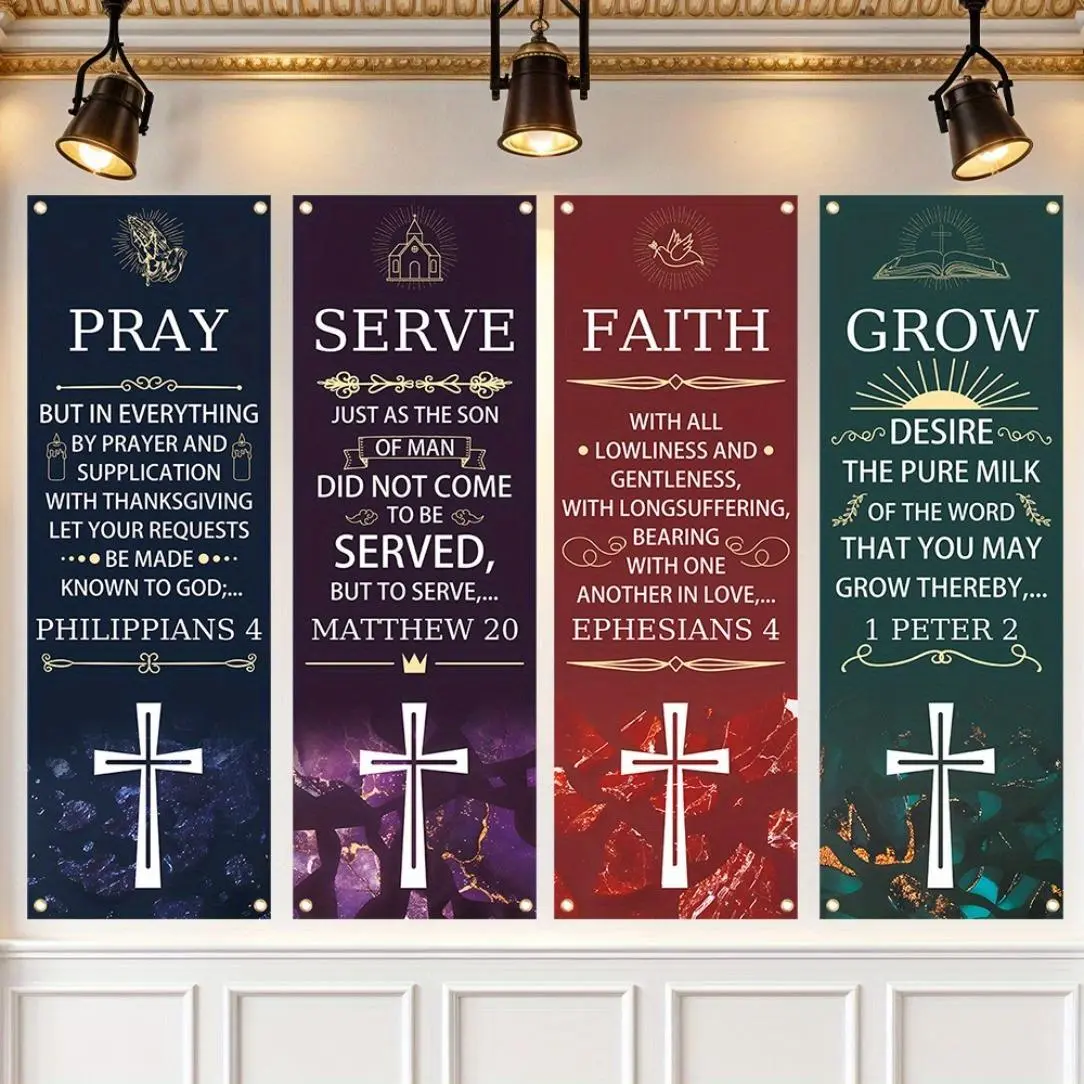 Easter Theme Polyester Backdrop Banner, 4 Counts/set Inspirational Church Banner, Decorative Banner, Suitable for Church Sanctuary Walls, Celebrations, Gifts, and Home Wall Decorations