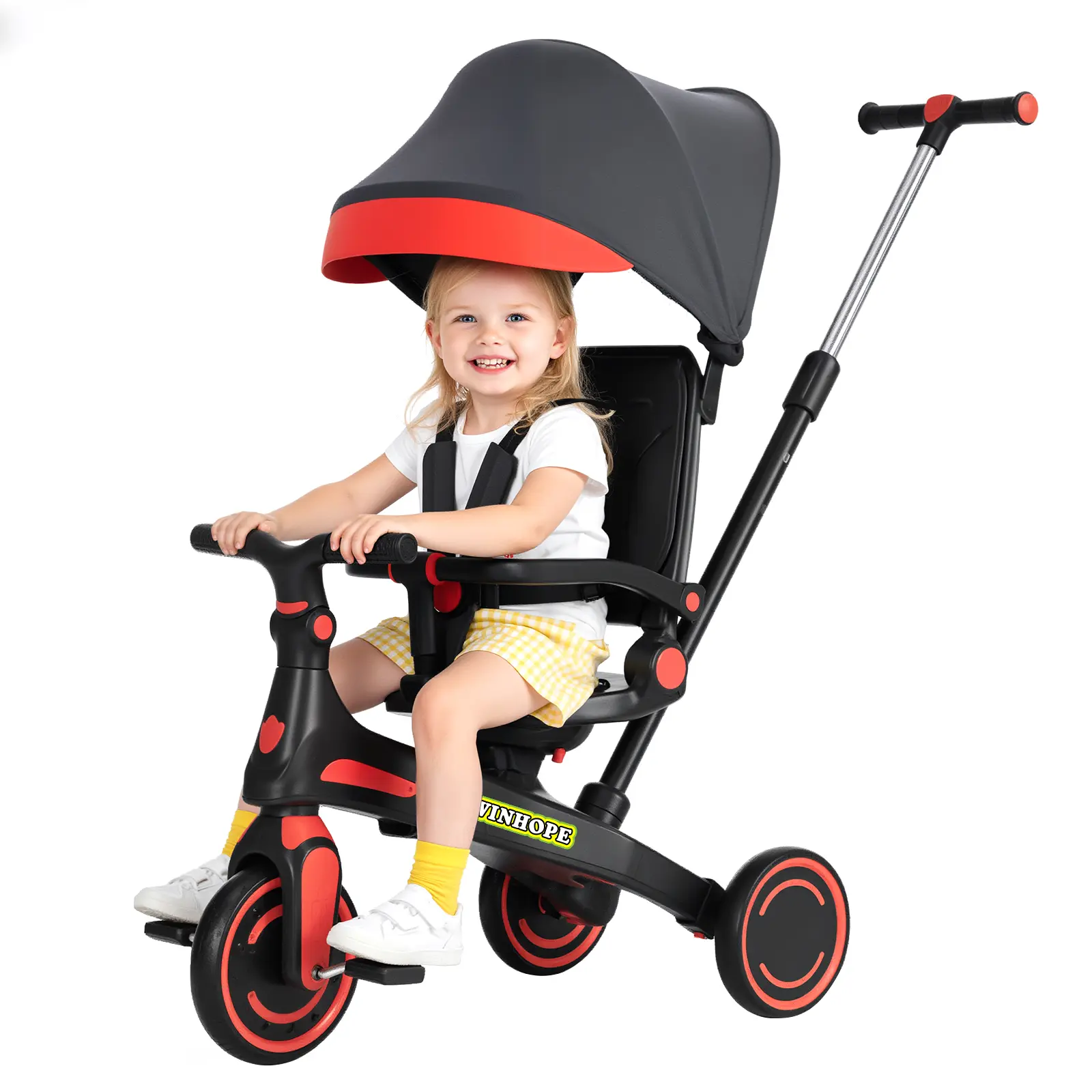 Winhope 6-in-1 Children’s Tricycle (Ages 1–6): includes a push handle, sun canopy, and quiet EVA wheels; supports push/push assist/ride modes; suitable for indoor and outdoor use; suitable for both boys and girls.