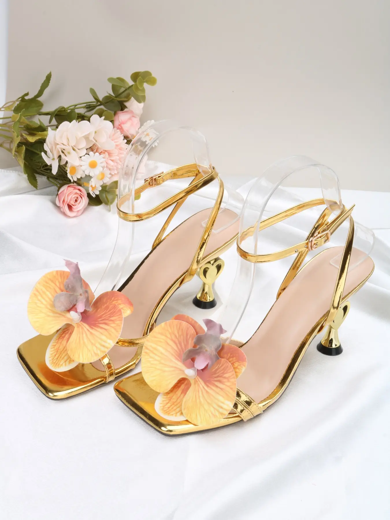 Women's high-heeled sandals with handcrafted flowers, elegant temperament, suitable for gatherings, dates, commuting, camping, as gifts, parties, comfortable, Elegant Floral Sandals, Ankle Strap Sandal, Classy Sandal