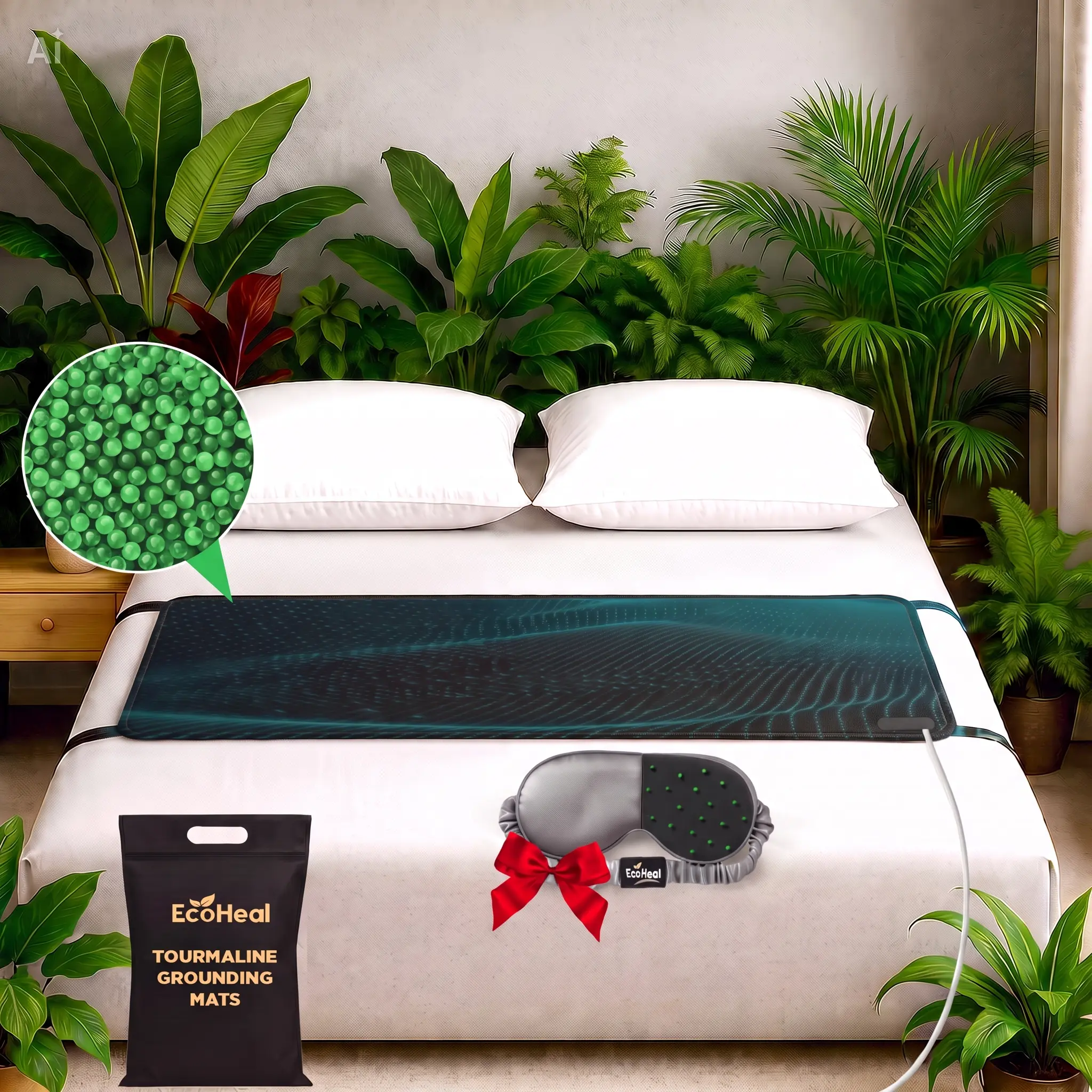 Luxury Tourmaline Grounding Mat for Bed with PU Leather, Silver-infused and Tourmaline Sleep Mask