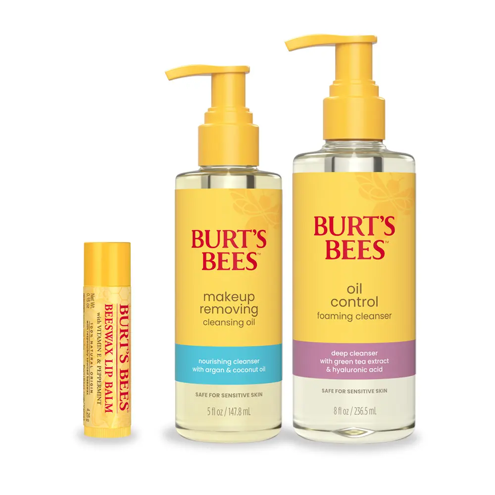 Burt's Bees Double Cleanse Bundle | Makeup Removing Cleansing Oil + Oil Control Foaming Cleanser + FREE Beeswax Lip Balm | Oily Skin