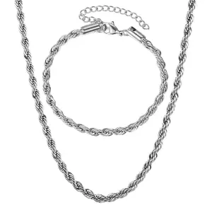Hermah 3/5mm Stainless Steel Twisted Rope Chain Necklace Choker Bracelet Jewelry Set Silver Color For Men Women