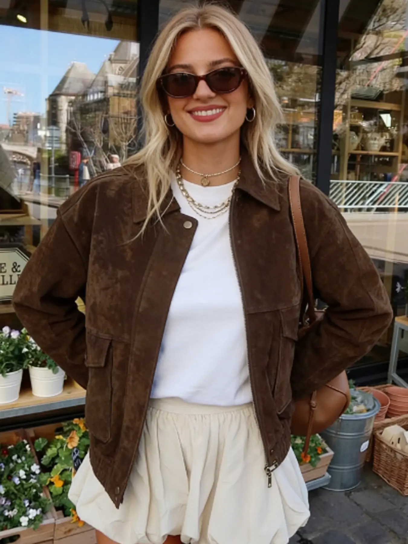 Suede Bomber Jacket Women's Jacket Womenswear Spring Autumn 2026 Brown Coffee Outerwears Coats Casual Loose Coat Casual Crop Long Sleeve Big Pockets Jacket Streetwear Looks & Weekend Hangouts Jackets