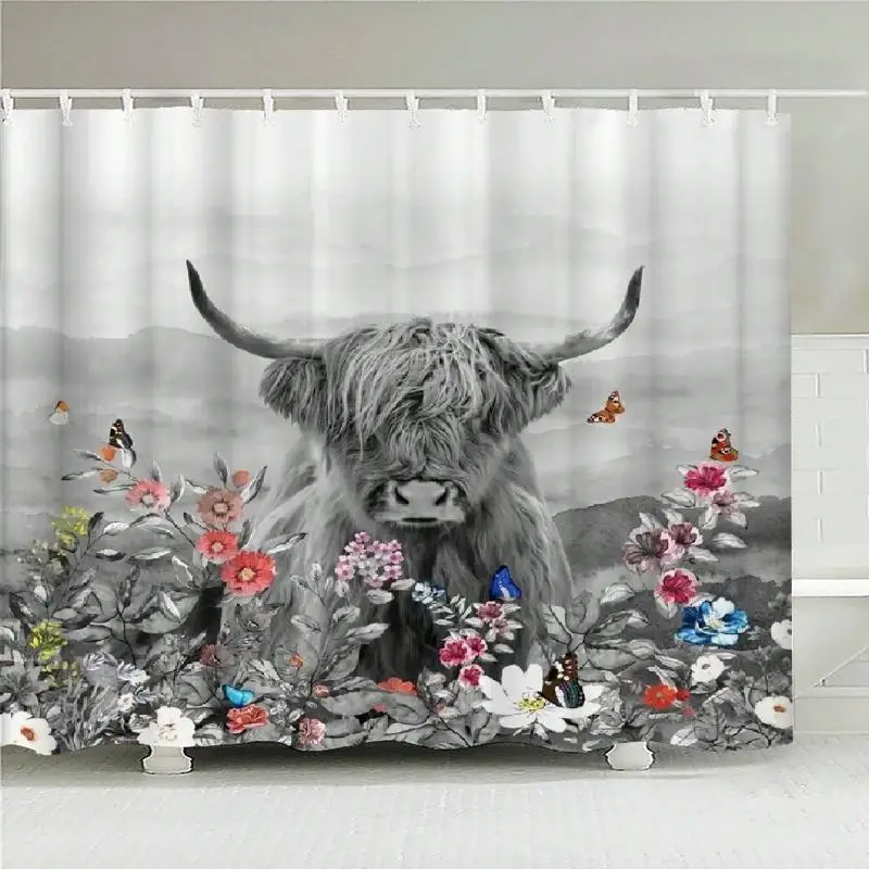 Waterproof Cow & Flowers Print Shower Curtain, 1 Piece Foldable Bathroom Curtain, Adjustable Shower Curtain with Hooks, Home Goods