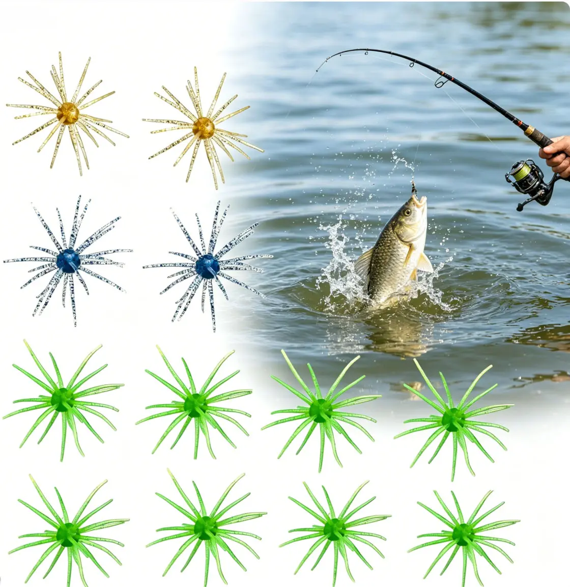 2026 New 12Pcs Sea Urchin-Shaped TPR Plastic Soft Fishing Lures, Glitter-Infused Topwater Artificial Baits, Easy-to-Rig Multi-Species Lures for Bass, Salmon Fishing, Saltwater and Freshwater Long-Term Use, Multi Species Lure, Bass Fishing Lures