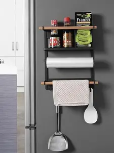 Magnetic Kitchen Storage Rack Refrigerator Organizer Wall Holder Hanging Shelf Multiuse Removable Wood Material Space Saver Easy Access
