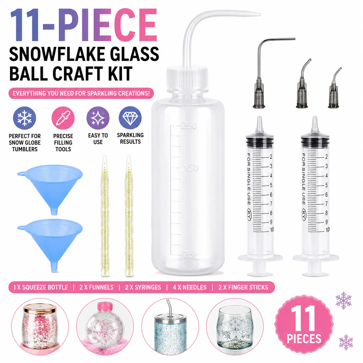 11-Piece DIY Snowflake Glass Ball Craft Kit – Squeeze Bottle, 2 Funnels, 2 Syringes w/ Curved Needles, Finger Sticks, Tools for Sparkling Snow Globe Tumblers (Clear/Pink)