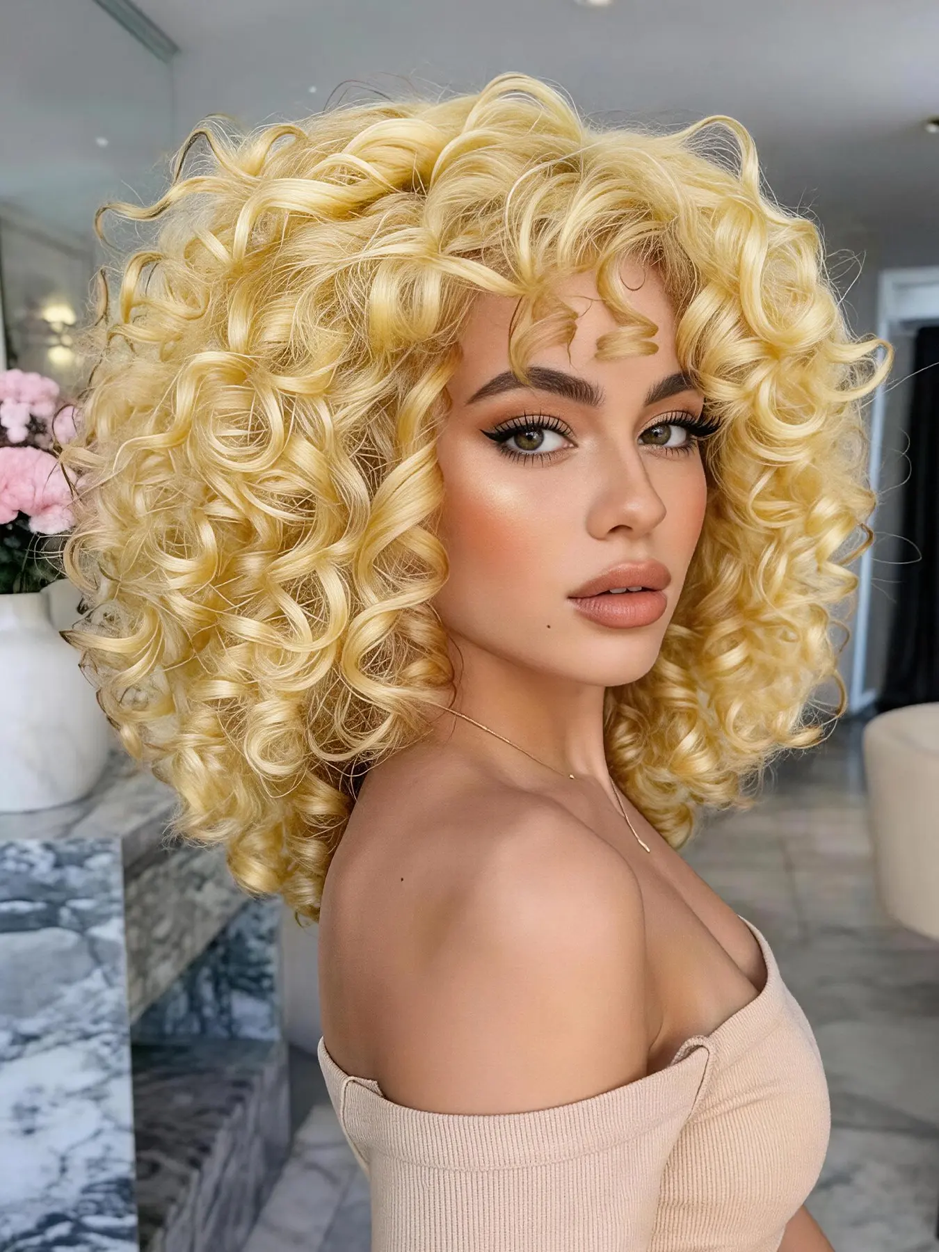 Blonde Curly Afro Wig with Bangs for & Women, Synthetic Hair Replacement, Fluffy Natural Soft, Daily Wear & Cosplay, Synthetic Wigs, Fluffy Afro Kinky