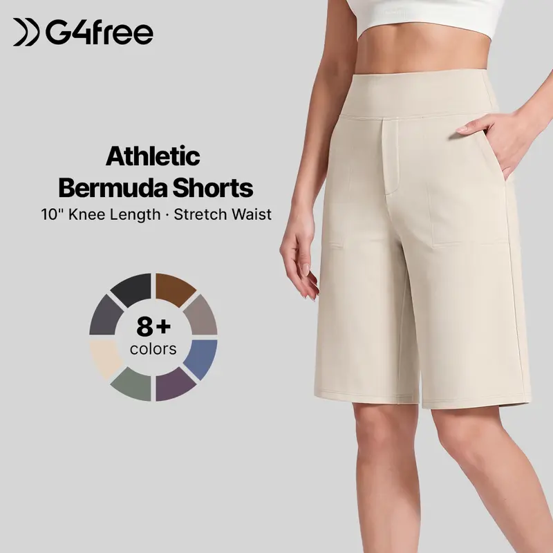 G4Free EverGoing Women's 10" Knee-Length Bermuda Shorts, Athletic Casual Long Shorts with Pockets Womenswear