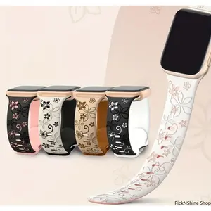 Floral Engraved Silicone Smart Watch Strap - Unisex Stylish Accessories, Soft Skin-Friendly Flexible Band, Cute Sport Wristband for Universal Smart Watches, Ideal for Daily Casual & Outdoor Use, Fashion Accessories
