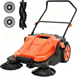 [NEW PRODUCT - FLASH SALE] Garvee 25.6 Inch Manual Push Floor Sweeper with 5 Gal Debris Bin, Dual Side Brushes & Adjustable Folding Handle for Garage, Driveway, Patio and Sidewalk, Orange/Gray/Black+Red/Black+Yellow