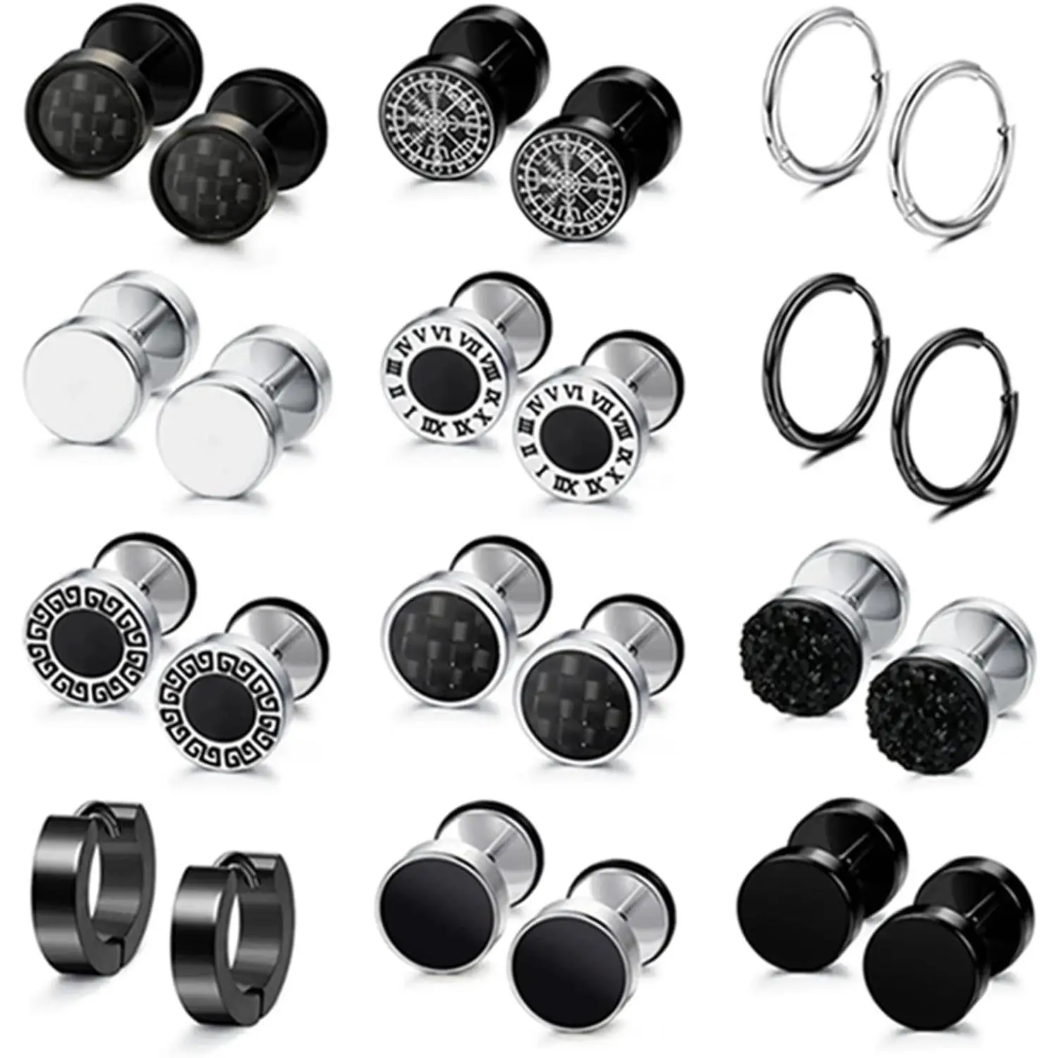 FLORIDECO 12 Pairs Stainless Steel Fake Gauge Earrings for Men Women Round Carbon Fiber Norse Viking Screw back Fake Plug Earrings Small huggie hoop e