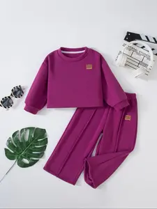 Toddler Girls' Fashion 2-Piece Set, Baby Girl Clothes, Fleece Round Neck Sweatshirt & Wide Leg Pants, Warm Soft Comfortable, Suitable for 3-8 Years, Party or Gift