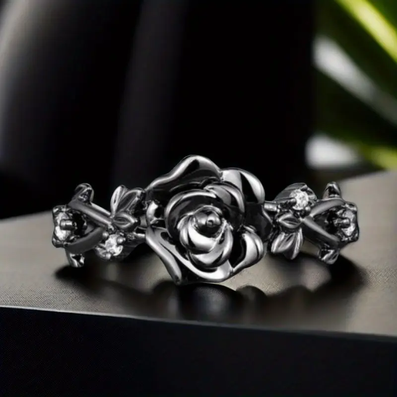 Women's Vintage Black Rose Ring, Elegant Everyday Metal Accessory, Meaningful Engagement & Valentine's Day Gift, Valentines Day, Meaningful Gifts, Vintage Rings, No Choking Hazard Warning, Everday, Wedding, Gift-Ready