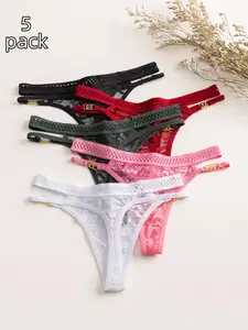 Women's Low Waist Thong Panties, Hollow Out Lace Trim, Breathable Comfort, 5 Pcs Set, All Season Slim Fit Underwear, Womenswear