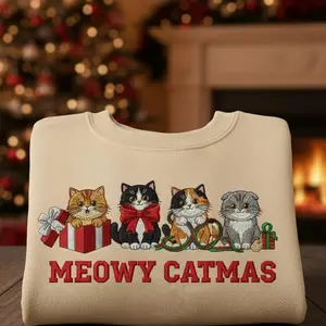 Meowy Catmas Embroidered Sweatshirt, Funny Christmas Cat Lover Gift, Holiday Cozy Pet Sweater with Cute Cats Design 9U9