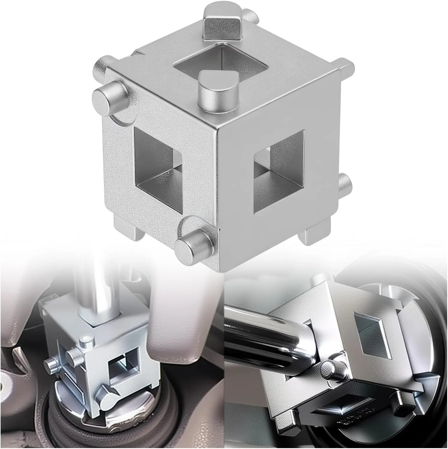 Car Cube Brake Caliper Compression Tool - 3/8" Square Drive, 6-Side-in-1 Steel Piston Adjuster for Rear Disc Brakes Calipers, Multi-Function Automotive Repair Tool