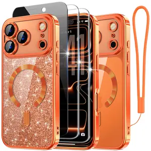 Designed for iPhone 17 Pro Max Case 6.9", [Glitter Card & Wrist Strap] [Compatible with MagSafe] [2X HD Screen Protectors & 1X Privacy Screen Protector] Surround Raised Lens Protection for 17 ProMax Case, Cosmic Orange