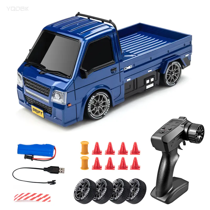 Drift Pickup Truck 1:24 Scale 4WD Remote Control Car with Dual Tire Sets Realistic Design 16-18 km/h Speed 2.4GHz Control 49-66 ft Range Blue/White