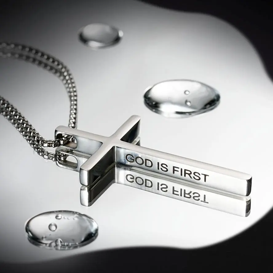 God Is First, I AM Second Men's Stainless Steel Cross Pendant Necklace, Jewelry, Double Sided, Religious Gift