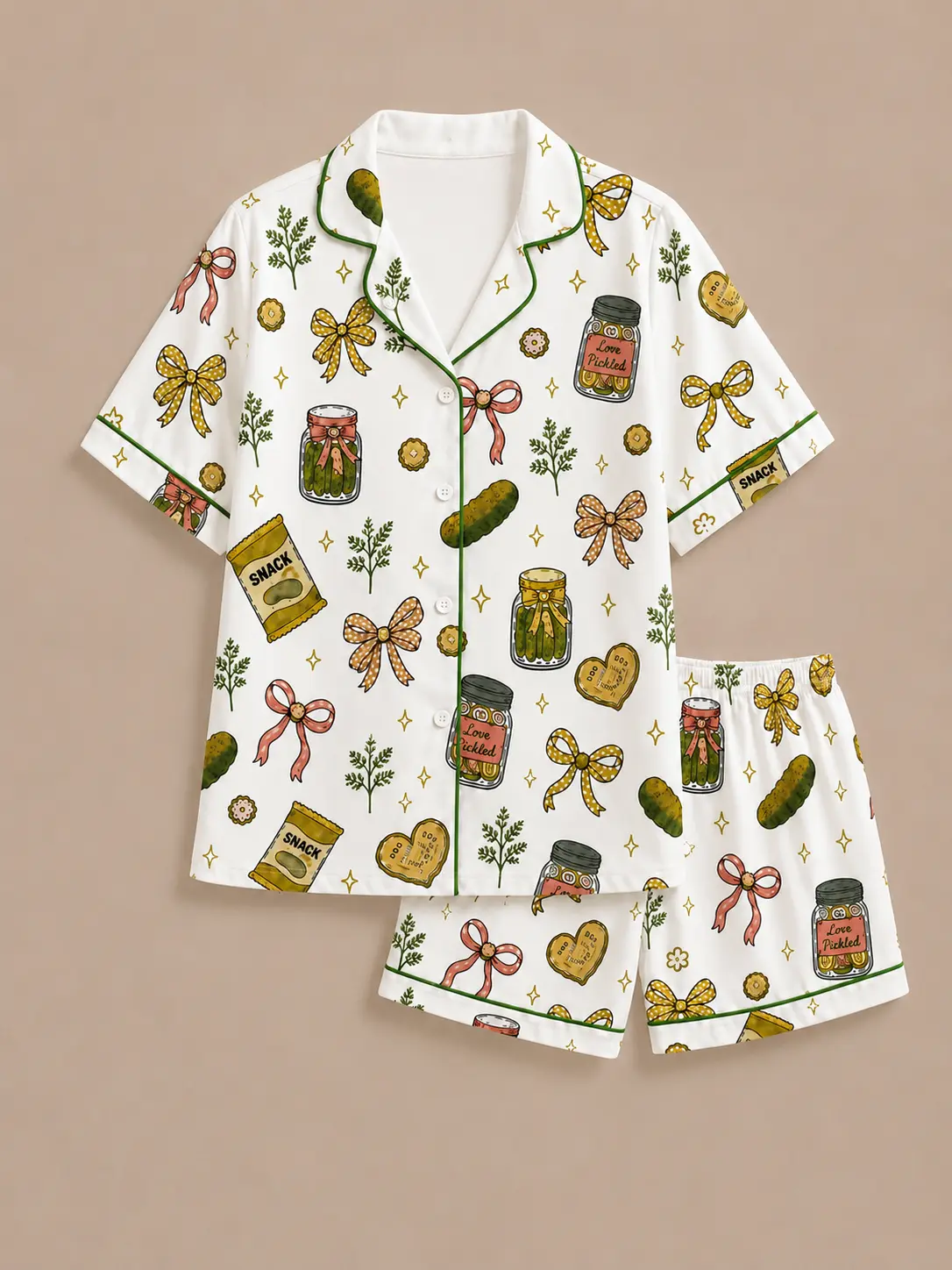 Women's Pickle Print Pajama Set, Short Sleeve Satin Loungewear, Matching Sleepwear Outfit