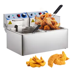 Gaomon Double-Basket Electric Deep Fryer, 2x10L Stainless Steel Commercial-Grade Unit for Home Use, 17.7in x 11.8in, 170°F-375°F Adjustable Temp, Simultaneous Frying for Chicken, Fries