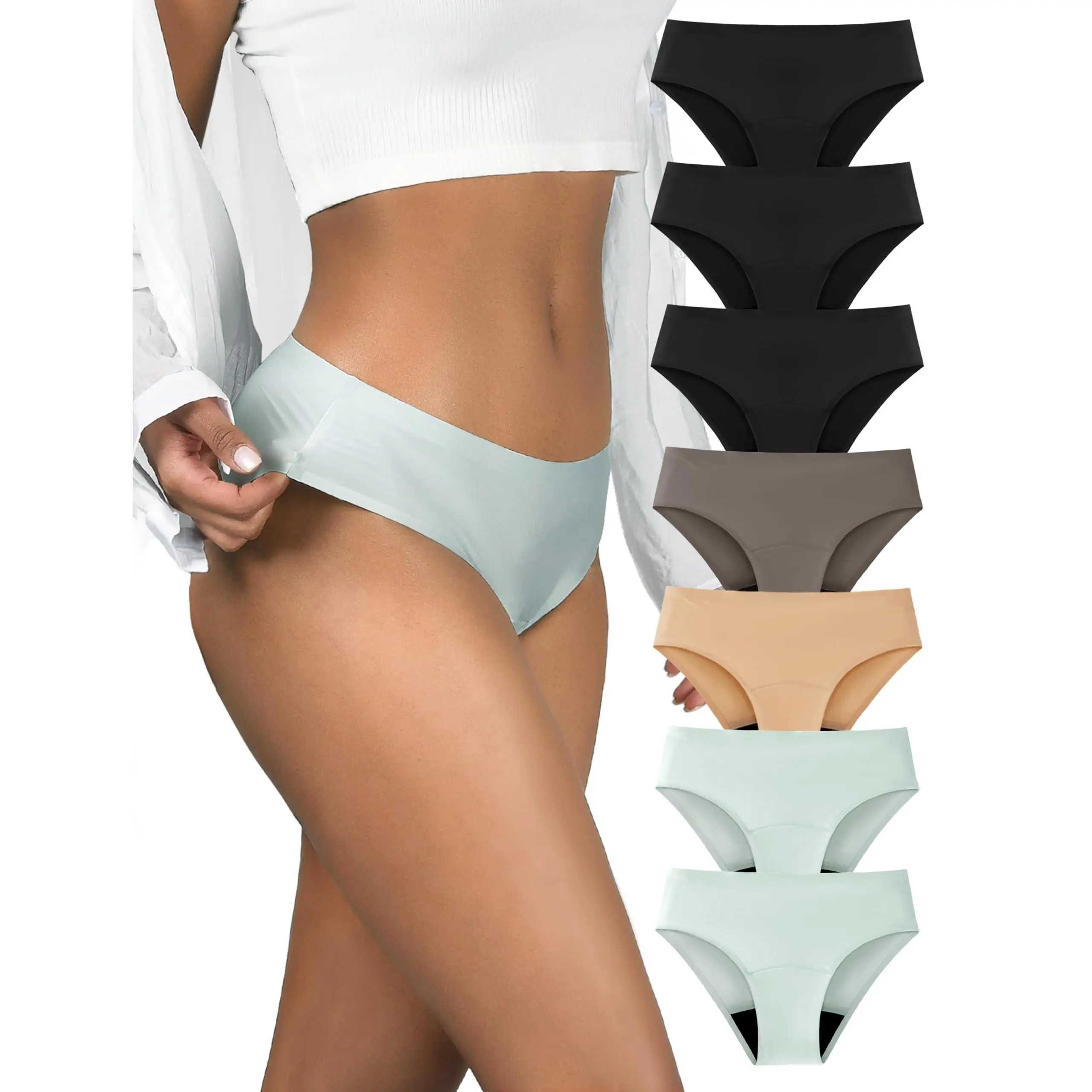 TIICHOO Women's Reusable Seamless Period Lingerie Bikini Panties 7-Pack - 30ml Absorbency, 4-Layer Leakproof Protection, No Show/No VPL, Flat Design, Light Incontinence Support - Cute for Skinny Jeans, Outdoor Use, Loose