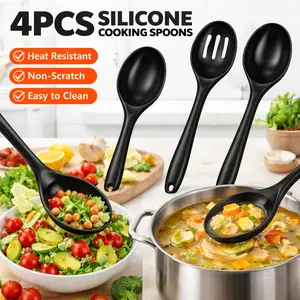 Heat Resistant Silicone Spoons 4 Pcs – 10.6 Inch Large Nonstick Slotted Serving Spoon, Dishwasher Safe Kitchen Utensils for Cooking, Mixing, Stirring