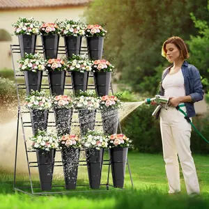 4 Layers Flower Display Stand With 16 PCS Buckets, Flower Bucket, Metal Plant Stand with 4 Wheels, Heavy Duty Moving Flower Cart Shelf, for Patio Garden, Balcony, Florists, Cafés